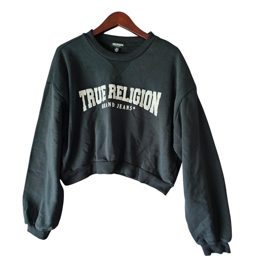 True Religion Womens Cropped Sweatshirt Black Graphic Logo Pullover 2XL XXL